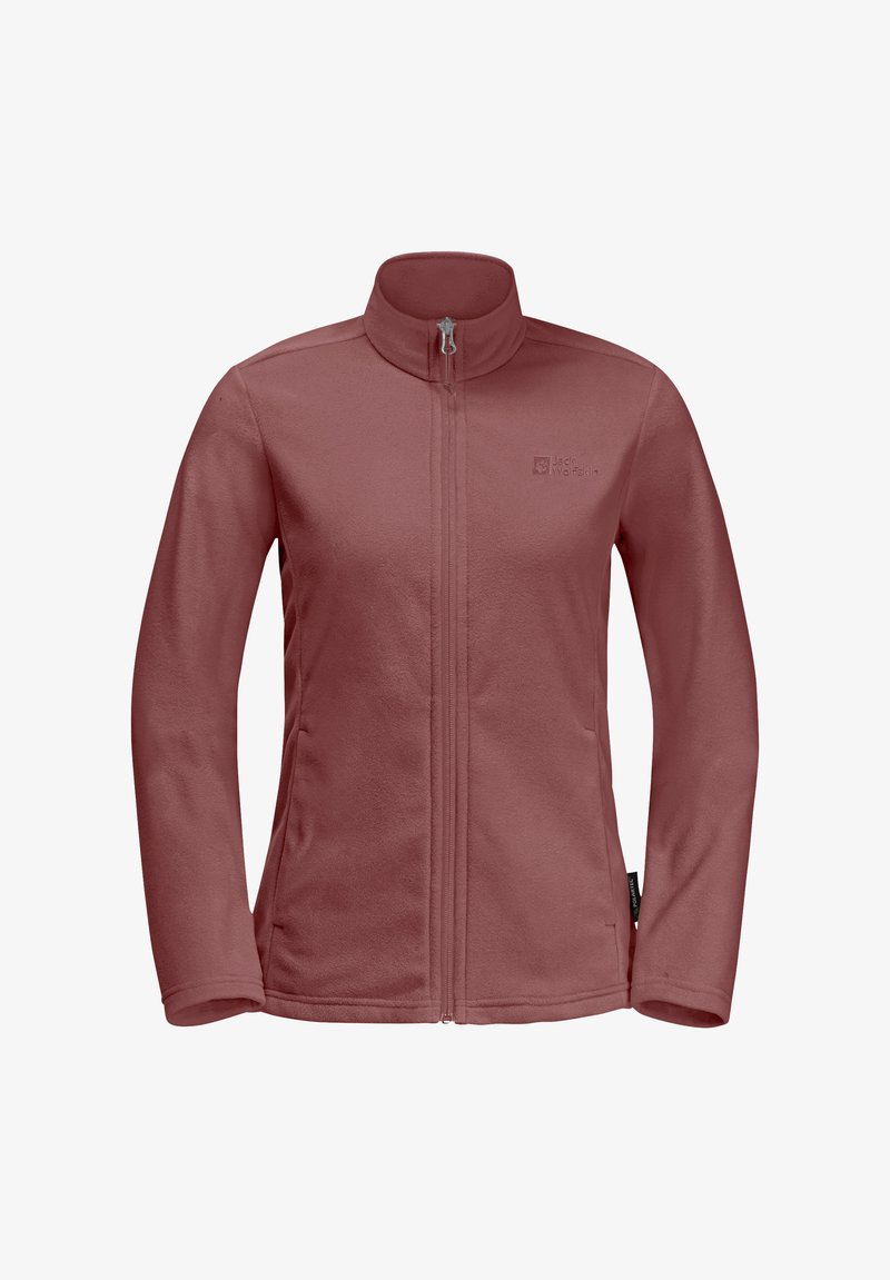 Giacca in pile color rosa polveroso. Caratterizzata da una chiusura con zip frontale, colletto alto e logo sul petto. Tessuto morbido, maniche lunghe e cuciture piatte.