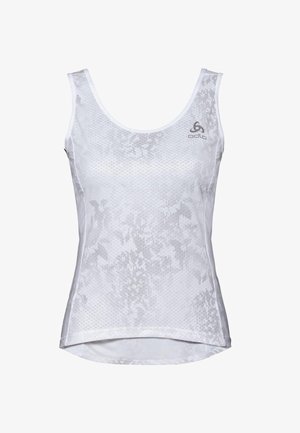 Débardeur de sport blanc sans manches avec motifs floraux subtils et petit logo sur le côté gauche de la poitrine.