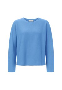 Maglione azzurro chiaro a maniche lunghe con collo rotondo, realizzato in tessuto a maglia testurizzato. Vestibilità ampia con orlo dritto e senza hardware visibile.