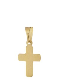 Goldene Kreuzanhänger mit matter Oberfläche, versehen mit einer Öse zur Befestigung. Die Form ist traditionell und das Design schlicht.
