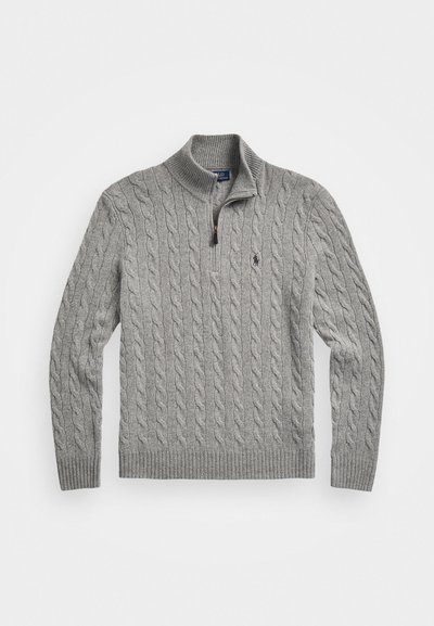 Gray cable-knit sweater with a half-zip neckline, ribbed cuffs, and hem. Features a small logo on the left chest. Soft, textured fabric.