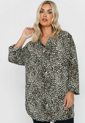 Beige- und schwarze Leopardenmuster-Hemd mit Knöpfen, lockerem Schnitt, langen Ärmeln und einem Kragenkragen mit zwei Brusttaschen.