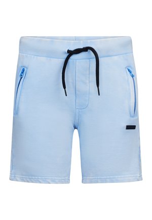 Helleblaue Shorts aus weichem Stoff, ausgestattet mit einem elastischen Bund und einem schwarzen Kordelzug sowie zwei seitlichen Reißverschlusstaschen.