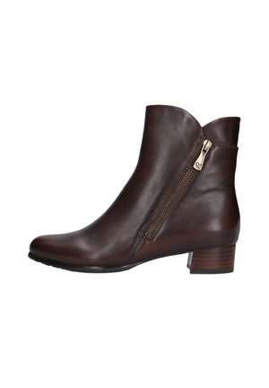 Brown leather ankle boot with a tapered toe, smooth texture, side zipper closure, and a low stacked heel.
