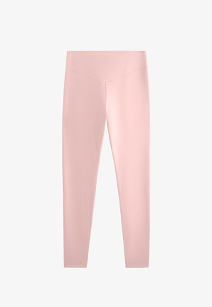Világos rózsaszín leggings, nyújtható anyagból, sima tapintású, magas derékrésszel és testhezálló, szűkülő kialakítással.