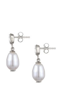 Perlen-Ohrringe mit einer polierten Silberbasis. Die Tropfenperlen sind hellgrau und haben eine glatte, glänzende Oberfläche.