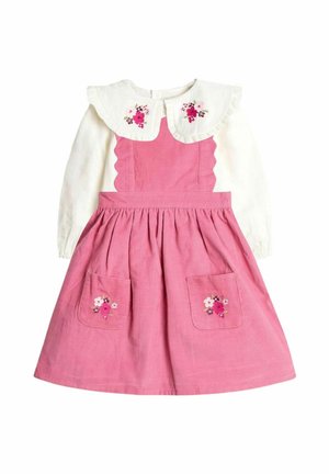 Rosa Cordkleid mit weißen langen Ärmeln und einem gewellten Kragen. Verfügt über florale Stickerei und zwei Fronttaschen. Sanfte Textur.