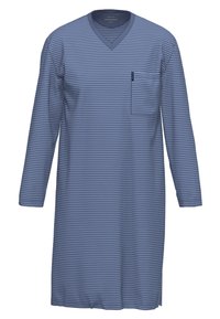 Camicia da notte da uomo a righe blu e bianche, con maniche lunghe, scollo a V e taschino. Realizzata in un tessuto leggero e morbido.