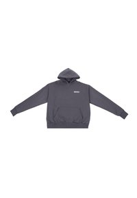 Grå hætte sweatshirt med en frontlomme, ribbede manchetter og bund, samt et trykt logo i hvidt på brystet.