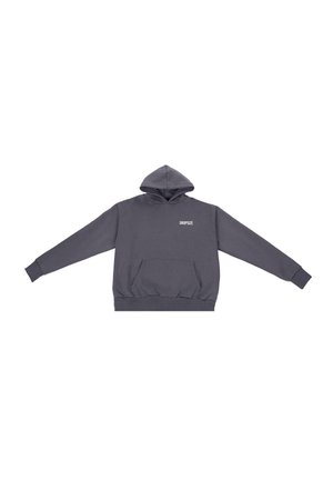 Sweatshirt à capuche gris avec une poche avant, doté de poignets et d'un ourlet côtelés, et d'un logo imprimé en blanc sur la poitrine.