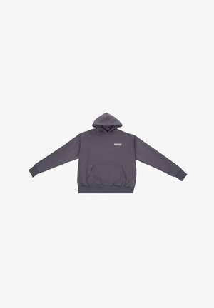 Sweatshirt à capuche gris avec une poche avant, doté de poignets et d'un ourlet côtelés, et d'un logo imprimé en blanc sur la poitrine.