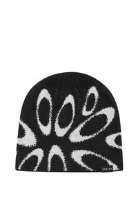Bonnet en tricot noir avec des motifs ovales abstraits blancs. Présente un ajustement snug et une étiquette sur le côté avec le texte "OAKLEY".