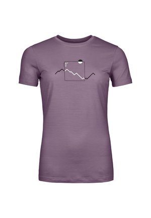Short-sleeve t-shirt in lavender fabric, featuring a geometric graphic with a sun and mountain pattern in black and white on the front.