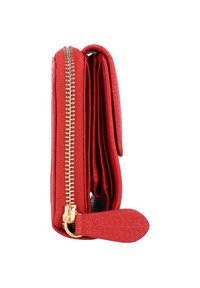 Portafoglio rosso con texture, realizzato in materiale sintetico, dotato di una cerniera dorata, design pieghevole e una zip decorativa.