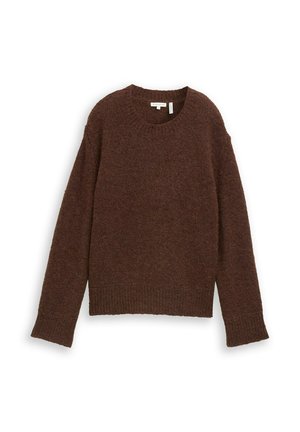 Pull en tricot marron avec un col rond, des manches longues et un ourlet côtelé. La texture du matériau semble douce et chaude, avec une coupe légèrement ample.