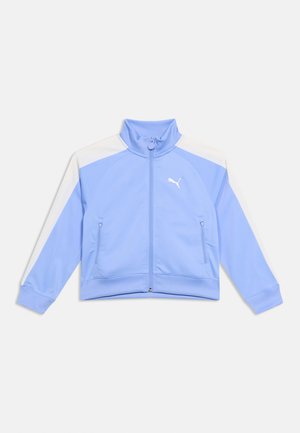 Lichtblauw-wit langärmelig jack met rits, opstaande kraag, twee voorzakken met ritssluiting en Puma-logo op de borst.