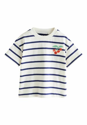 Gestreiftes Baumwoll-T-Shirt mit marineblauen und weißen Linien. Auf der linken Brust befindet sich ein rotes und grünes, besticktes Kirschmotiv. Kurze Ärmel.