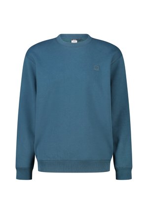 Blauwe trui met lange mouwen en een ronde hals, met geribde boorden bij de mouwen en zoom, met een klein geborduurd logo op de linker bovenborst.