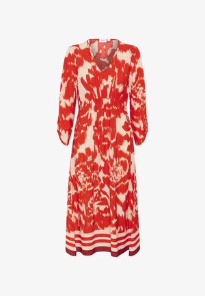 Rochie roșie și crem până la genunchi, cu decolteu în V, talie strânsă, mâ sleeves 3/4 și tiv dungi. Prezintă un model floral pe țesătură.