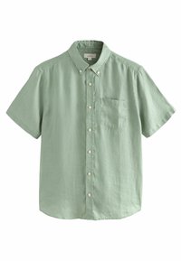 Camisa de manga corta con botones, en lino verde claro, que cuenta con un bolsillo en el pecho y un cuello clásico con botones blancos.