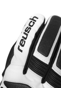 Guanto da portiere in bianco e nero con materiale nero testurizzato, accenti bianchi imbottiti e dettagli cuciti. Il marchio "Reusch" è ben visibile.