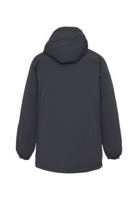 Giacca isolante grigia scura con cappuccio, polsini elasticizzati e orlo dritto, dotata di un materiale esterno liscio e resistente all'acqua.