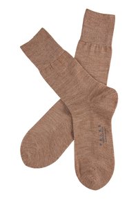 Braune Crew-Socken mit geripptem Bund, hergestellt aus einem weichen, strukturierten Material. Mit minimalem blauen Branding in der Nähe des Zehenbereichs.