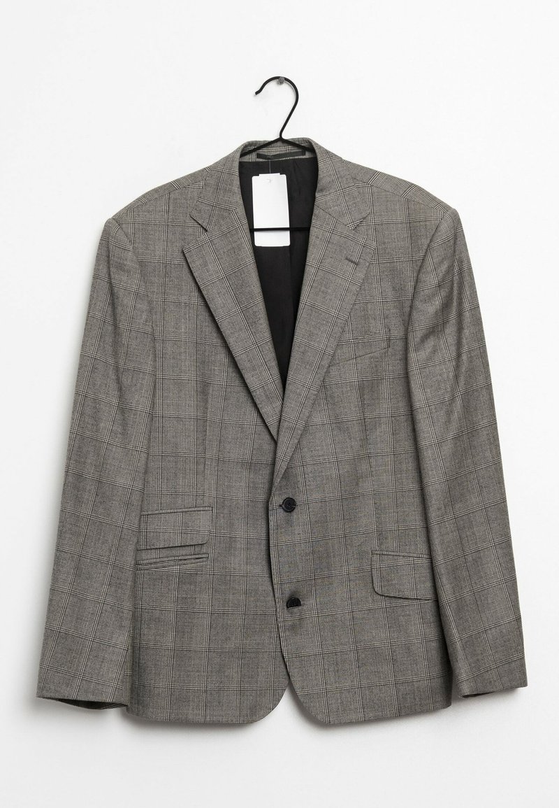 Grey plaid blazer with a notched lapel, single button closure, and two front pockets. Hangs on a black hook, tag visible on interior.