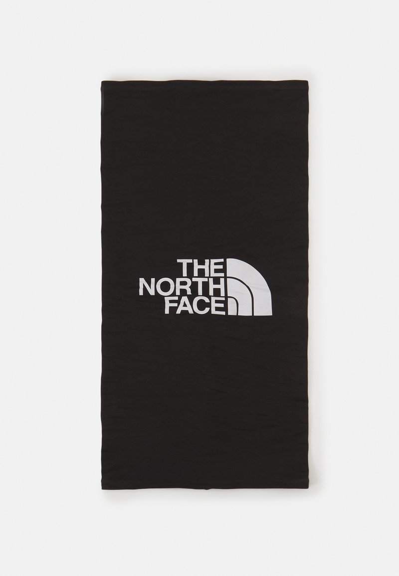 Melnas taisnstūra formas šalle, izgatavota no mīksta materiāla, ar lielu baltu logo "THE NORTH FACE" ar izliekumiem.