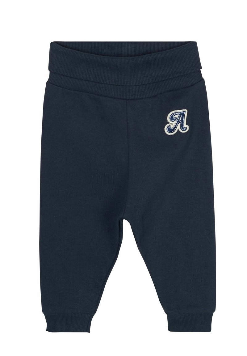 Navyblaue Baumwoll-Jogginghosen mit geripptem Bund und Bündchen. Mit einem gestickten Buchstaben 'A' auf der linken Vorderseite.
