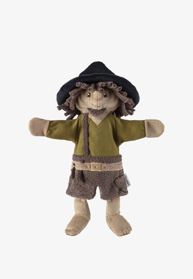 Plüschspielzeug mit brauner und grüner Kleidung, einem schwarzen Hut und einer strukturierten Oberfläche. Es hat ein lächelndes Gesicht und Wollhaare.