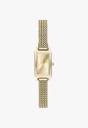 Rechteckige Armbanduhr in Goldton mit Metall-Mesh-Armband, minimalistisches Design mit strukturierter Zifferblattoberfläche und kleinen Stundenmarkierungen.