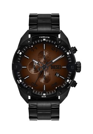 Czarny metalowy zegarek Diesel na nadgarstek z brązową tarczą, trzema subtarczami, okienkiem daty na godzinie 4 oraz wyraźnymi znacznikami godzin i wskaźnikami minut.
