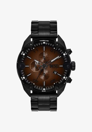 Montre-bracelet Diesel en métal noir avec cadran marron, trois sous-cadrans, guichet de date à 4 heures et index des heures en gras avec indicateurs des minutes.