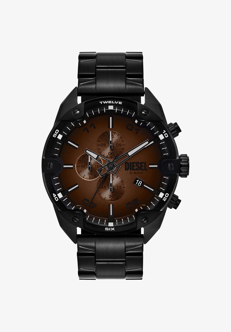 Schwarze Metall Diesel-Armbanduhr mit braunem Zifferblatt, drei Hilfszifferblättern, Datumsanzeige bei 4 Uhr und markanten Stundenmarkierungen mit Minutenindikatoren.