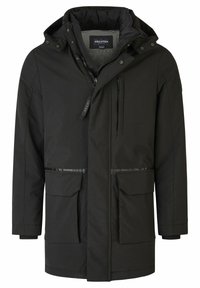 Zwarte waterproof parka met capuchon, voorritssluiting, meerdere zakken en reflecterende accenten; gemaakt van soepel, duurzaam materiaal.