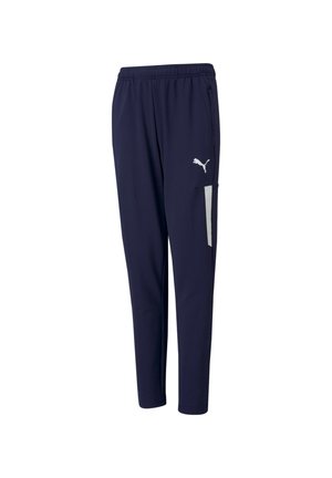 Marineblauwe sportbroek van lichtgewicht stof, met een wit logo op de linkerdij en een zijzak met een contrasterend paneel.