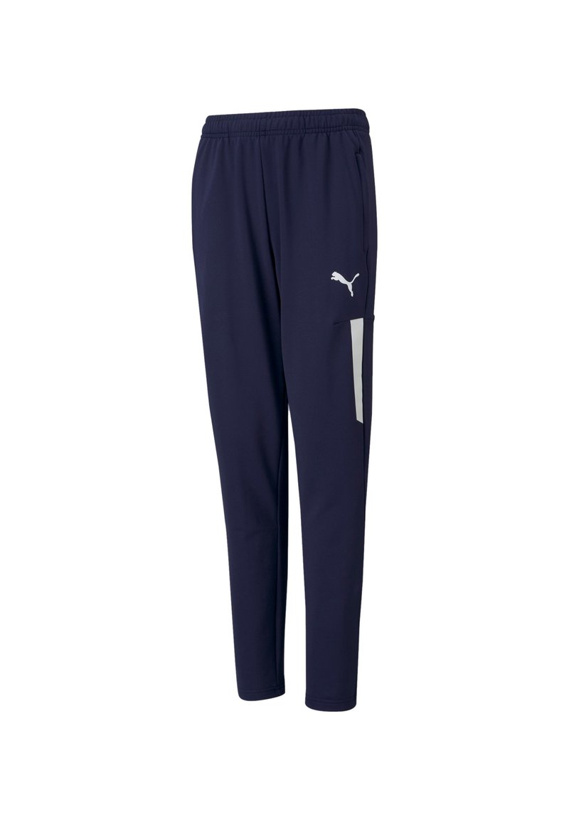 Marineblaue Sporthose aus leichtem Stoff, mit einem weißen Logo auf dem linken Oberschenkel und einer Seitentasche mit einem kontrastierenden Einsatz.