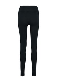 Zwarte leggings met een hoge taille, gemaakt van rekbaar materiaal. Glad van textuur zonder zichtbare naden of patronen. Simpel en slim fit ontwerp.