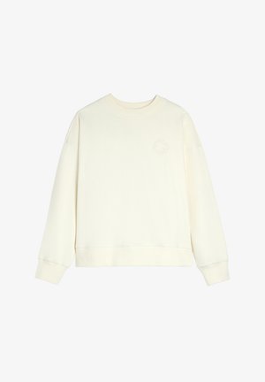 Cream-colored sweatshirt, soft fabric, crew neckline, long sleeves, ribbed cuffs, and hem. Features a small embroidered floral design on the chest.