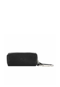 Black leather pouch with a zipper closure, rectangular shape, smooth texture, embossed logo detail, and a silver metal clip attachment.