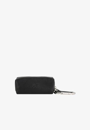 Black leather pouch with a zipper closure, rectangular shape, smooth texture, embossed logo detail, and a silver metal clip attachment.