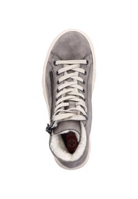 Sneakers alte in suede grigio con lacci crema e foderato in pelliccia sintetica. Presentano una cerniera laterale e una suola in gomma per una buona aderenza.