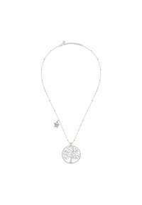 Collana d'argento con un pendente a forma di albero della vita circolare, con rami e cuori intagliati, e un piccolo charm a forma di stella con del testo.