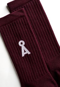 Ein Paar gerippte kastanienbraune Socken mit einem weißen geometrischen Logo, das einen Kreis über einem Dreieck auf einem der Socken zeigt, flach auf einer weißen Oberfläche ausgelegt.