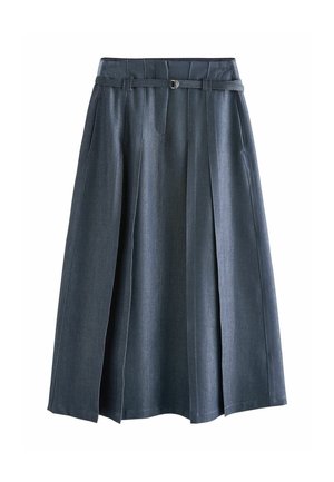 Fustă din denim, croială în formă de A, de culoare albastru închis, cu design plisat, talie lată, bucle pentru curea și detalii subtile de cusături, având buzunare laterale.