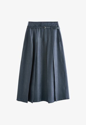 Fustă din denim, croială în formă de A, de culoare albastru închis, cu design plisat, talie lată, bucle pentru curea și detalii subtile de cusături, având buzunare laterale.