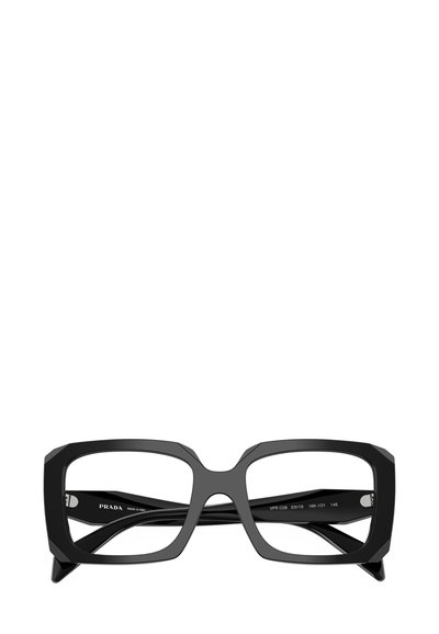 Occhiali rettangolari neri con design angolare, realizzati in plastica. Comprendono dettagli interni con marchio e punte delle aste appuntite.