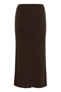 Brown knitted midi skirt with a fitted waistband, straight silhouette, and soft texture. Seamless design with no visible pockets or accents.