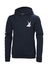 Sudadera azul marino de tejido suave, con un bolsillo frontal tipo pouch, capucha con cordón y un logo blanco en el pecho y en la manga.